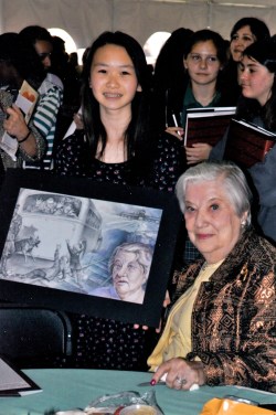 South Pointe 8th Grader, Hailey Shi, with Holocaust survivor, Engelina Billauer, and the artwork that her story inspired the young artist to create.