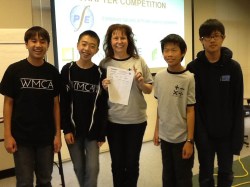 The Suzanne Middle School 1st Place Team: Matthew Nguyen, Aaron Chang, Amy Erickson, Ethan Lin, and Christopher Wong, with advisor Amy Erickson.  (Photo courtesy: Kelli Gile)