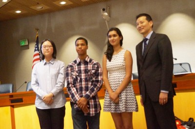 Friends of Diamond Bar Library Essay Contest Winners (L-R) Jiachen Jiang, Alexandra Sakkis, and Stephon Sutphin, receiving awards from Law Librarian of Congress, David S. Mao.(Photo Courtesy: Paul Gonzalez)