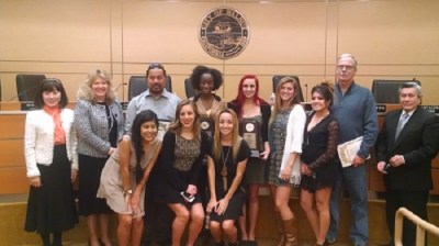 Members of the Mt. San Antonio College Women's Cross Country team and their coaches were recognized as state champions (shown with Councilman Bob Pacheco and Mayor Nancy Tragarz). (Photo By Raymond Mendoza)