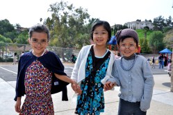 Three “little old ladies,” Kindergarteners Rachel Peiten, Chloe Thi, and Molly Chung showed off their 100-year old costumes on Jan. 29.  (Photo Courtesy:  Kelli Gile)