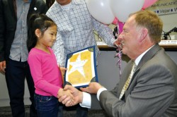 Quail Summit Elementary 1st Grader, Jayden Shinjo, was recognized as a Super Star Student during the Jan. Board Meeting (shown with Board President Larry Redinger).  (Photo Courtesy:  Kelli Gile)