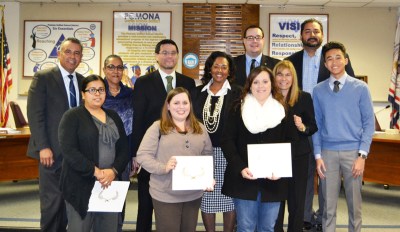 (Photo Courtesy:  Juliette Funes) Jessica Jordan of Simons Middle School, Melissa De Nova of San Antonio Elementary, and Sabrina Ortega, a teacher on special assignment, have been honored with National Board Certifications. They were recognized by the Pomona Unified Board of Education on Mar. 3.