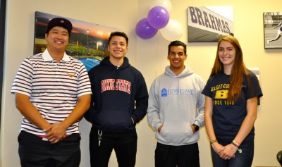 (Photo Courtesy: Kelli Gile) Four Diamond Bar High athletes signed college letters of intent on Apr. 17 - William Yang, Tyler Peterson, Jordan Rosas and Jessica Pierce.