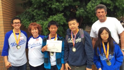 Photo Courtesy:  Kelli Gile 8th Grade WVUSD math team members Ethan Lin, Danny Mansour, Megan Yang, and Timothy Yeh won gold medals at the 2015 L.A. County Math Field Day (shown with teachers Amy Erickson and Gary Dresser).
