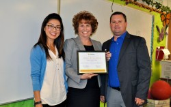 This summer, Suzanne Middle School math teacher Amy Erickson will receive a 21st century classroom makeover courtesy of OnPoint Innovative Learning Environments. Shown with Kevin Mulligan and Tiffany Chan. 