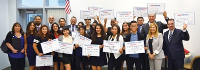 Photo Courtesy:  PUSD Pomona Unified high school students proudly display their voter registration pledges during a Sept. 18 session in which California Secretary of State Alex Padilla, and state Senator Connie Leyva, spoke about the importance of civic engagement.