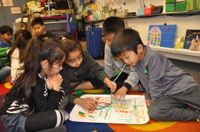 Photo courtesy: WVUSD Evergreen kindergarten groups build beanstalk structures using flexible pipe cleaners. 