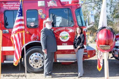 Photo by: City of Eastvale/JAB Photography Eastvale Mayor Ike Bootsma and City Manager Michelle Nissen stand proudly next to a CAL FIRE engine truck at the groundbreaking ceremony for the city’s second fire station.