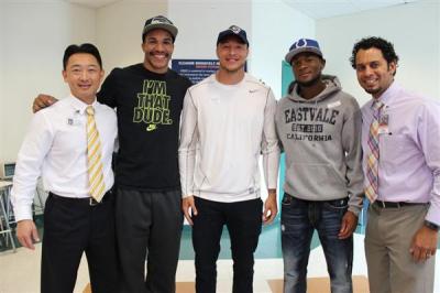 Photo Courtesy of CNUSD ERHS Alumni celebrate their NFL signing (L-R: Superintendent Michael Lin, Austin Hill, Tyler Slavin, Josh Mitchell, and ERHS Principal Jeremy Goins.)