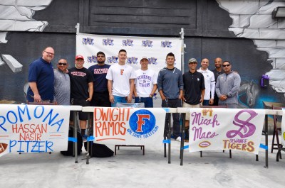 Photo courtesy: Kelli Gile Walnut High student athletes, Eli Goichenberg, Hassan Nasir, Dwight Ramos, Micah Maes, Quinn Cooper, and Christian Longoria are moving on to play collegiate sports. Shown with Principal Brandon Dade and Athletic Director Jerry Person.