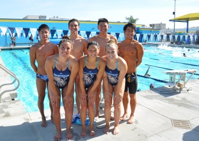 Photo courtesy: Kelli Gile Walnut High swim team and water polo members celebrate at the opening of the new aquatics center. Shown: Erin De Anda, Emily Honng, Leah Rickard, Jarren Peng, Garrett Gautreau, Jerry Chen, and Derek Wan. 