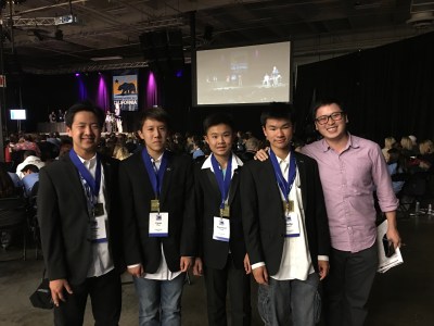 Photo courtesy: Kelli Gile California History Day winners Joshua Chung, Raymond Cheng, Cyrus Phan, and Phillip Huynh, shown with advisor Kevin Duh, will compete in Washington D.C. in June.