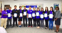 Photo courtesy: Kelli Gile Diamond Bar High School’s CIF Champion Badminton team was honored by the Board of Trustees on May 18. Shown: Sabrina Chen, Jasmine Huang, Mirabelle Huang, Kristine Martinez, Miriam Sun, Megan Tsui, Crystal Wai, Gwen Wang, Samantha Yang, Lucy Zhang, Angela Zhang, Kevin Bao, Vinson Chiu, Jeff Chow, Angrew Gao, Hanson Gao, Will He, Daniel Huang, Samuel Huang, Brenton Hwee, Ian Lam, Justin Lam, Joshe Lee, Kent Liu, Ambrose So, Tianyi Zhang, with assistant coach Tisha Shaver, and Board President Helen Hall. 
