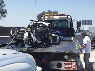 An LAPD officer’s damaged motorcycle after crash on 60 freeway.
