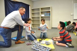PLTW in action! Superintendent Dr. Robert Taylor visits with Evergreen third grade engineers designing a vehicle to rescue a trapped zoo animal. Photo courtesy: WVUSD 