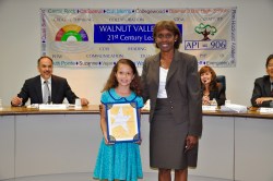 Collegewood Elementary student Pitzil Milagro Avila Castellanos received the Super Star Student Award on October 19. Shown with Board President Helen Hall. Photo courtesy: WVUSD 